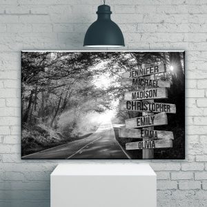 Autumn Road Multi-Names, Family Gifts, Black And White Design, Wall Decor, Custom Names Poster, Canvas, Metal Sign - Woastuff