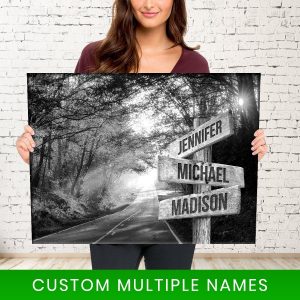Autumn Road Multi-Names, Family Gifts, Black And White Design, Wall Decor, Custom Names Poster, Canvas, Metal Sign - Woastuff