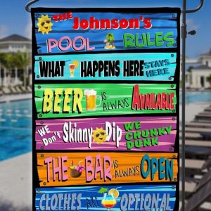 Custom Flag, Pool Rules Garden Flag, Funny Quote, Chunky Dunk, What Happens Here Stay Here, Black Background, Canvas - Woastuff