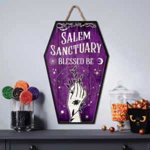 Halloween Decor Coffin Shape Wooden Sign, Salem Sanctuary Blessed Be, Halloween Decor, Witch Hand Sign, Halloween Gifts