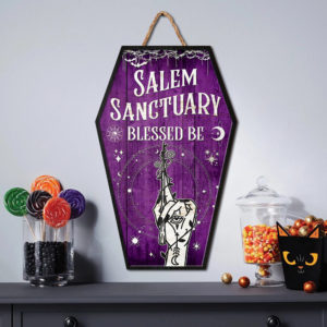 Witch Hand Decoration Coffin Shape Wooden Sign, Salem Sanctuary Blessed Be, Coffin Sign, Halloween Decor, Halloween Gifts, Wall Art