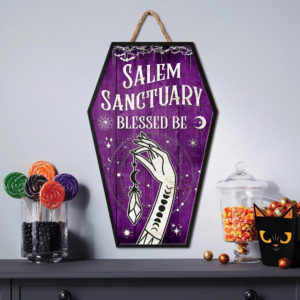 Halloween Decor Coffin Shape Wooden Sign, Salem Sanctuary Blessed Be, Coffin Sign, Gifts For Halloween, Halloween Wall Art