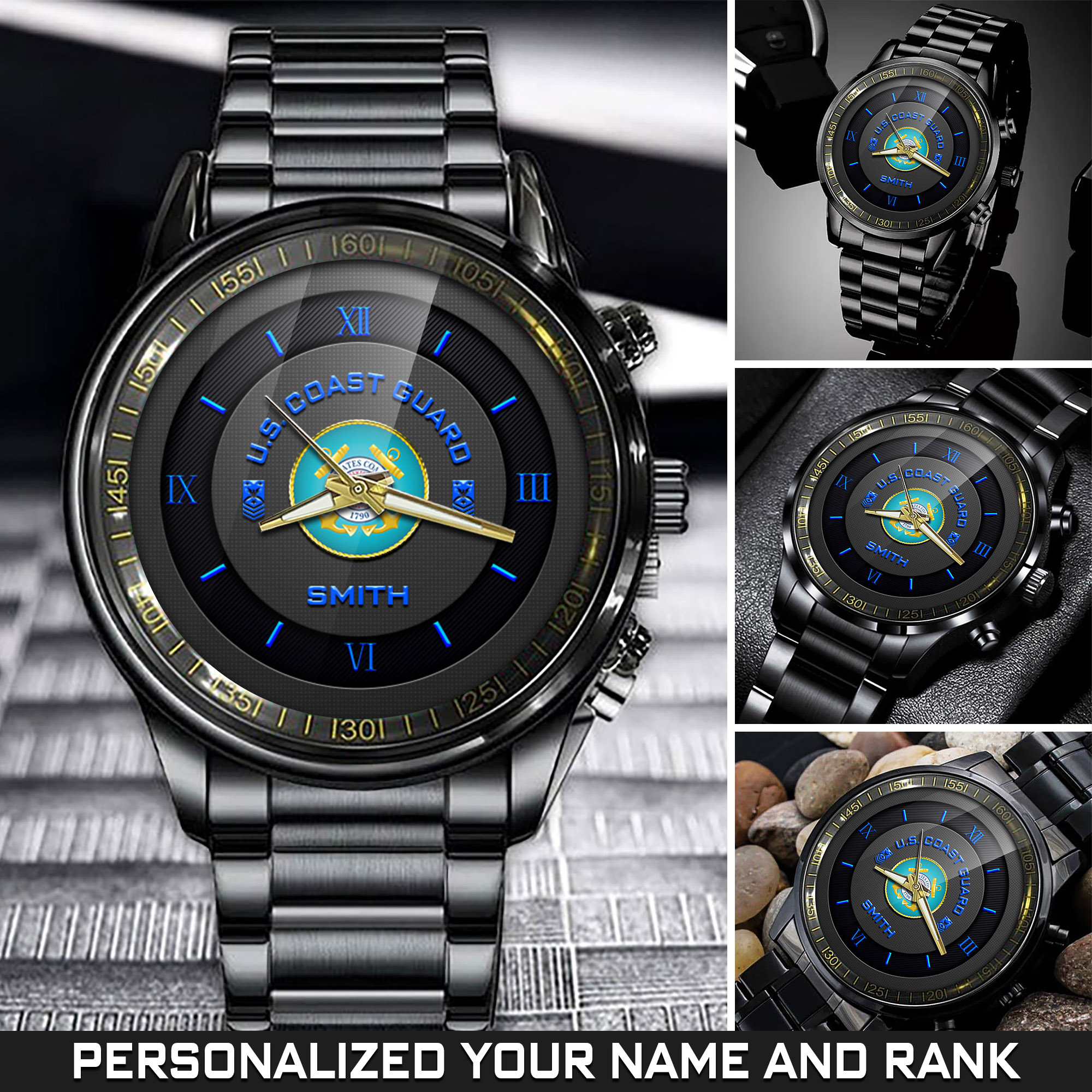 Personalized U.S. Coast Guard Black Fashion Watch With Your Name And Rank, Military Watches, Coast Guard Watches For Men, Veterans Gifts, Gift For Soldier