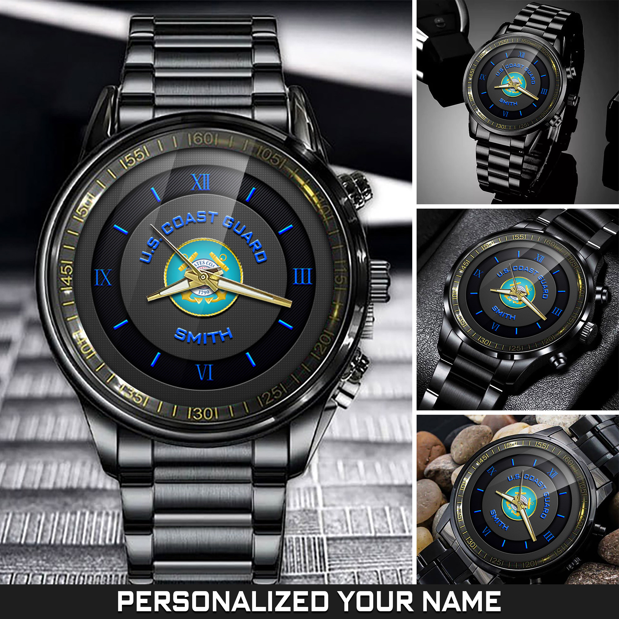 Personalized U.S. Coast Guard Black Fashion Watch With Your Name, Military Watches, Coast Guard Watches For Men, Gift For Veterans, Soldier Gifts