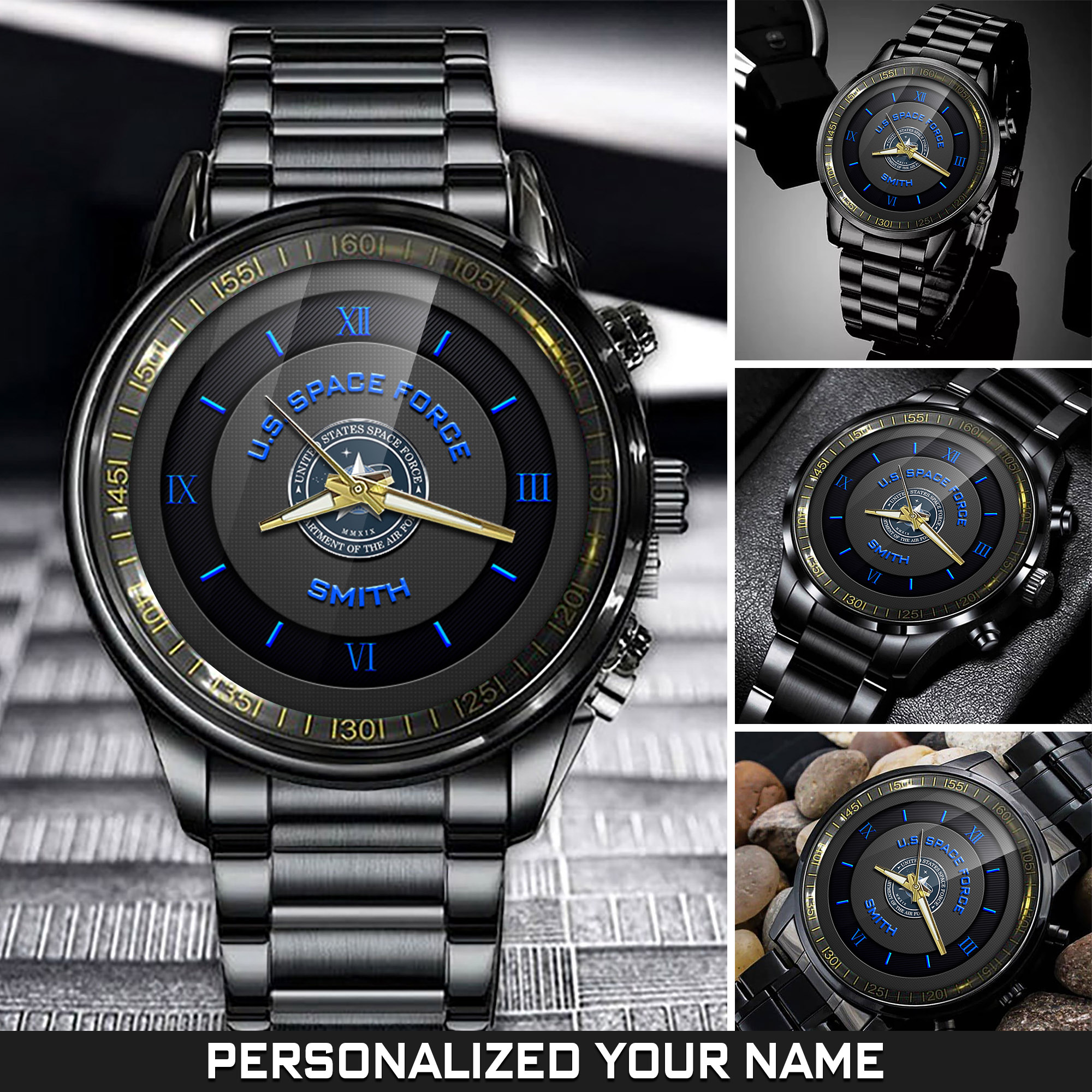 Personalized U.S. Space Force Black Fashion Watch With Your Name, Military Watches, Coast Guard Watches For Men, Gift For Veterans, Soldier Gifts