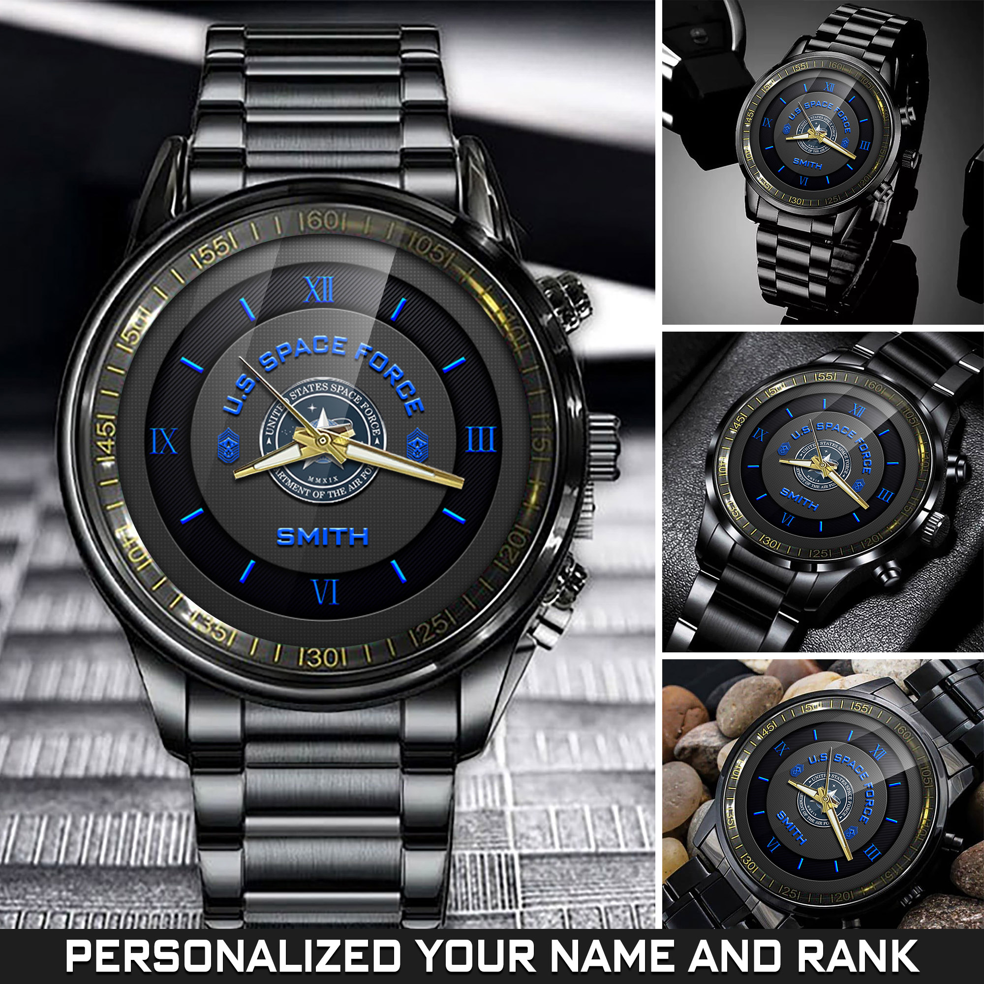 Personalized U.S. Space Force Black Fashion Watch With Your Name And Rank, Military Watches, Space Force Watches For Men, Veterans Gifts, Gift For Soldier
