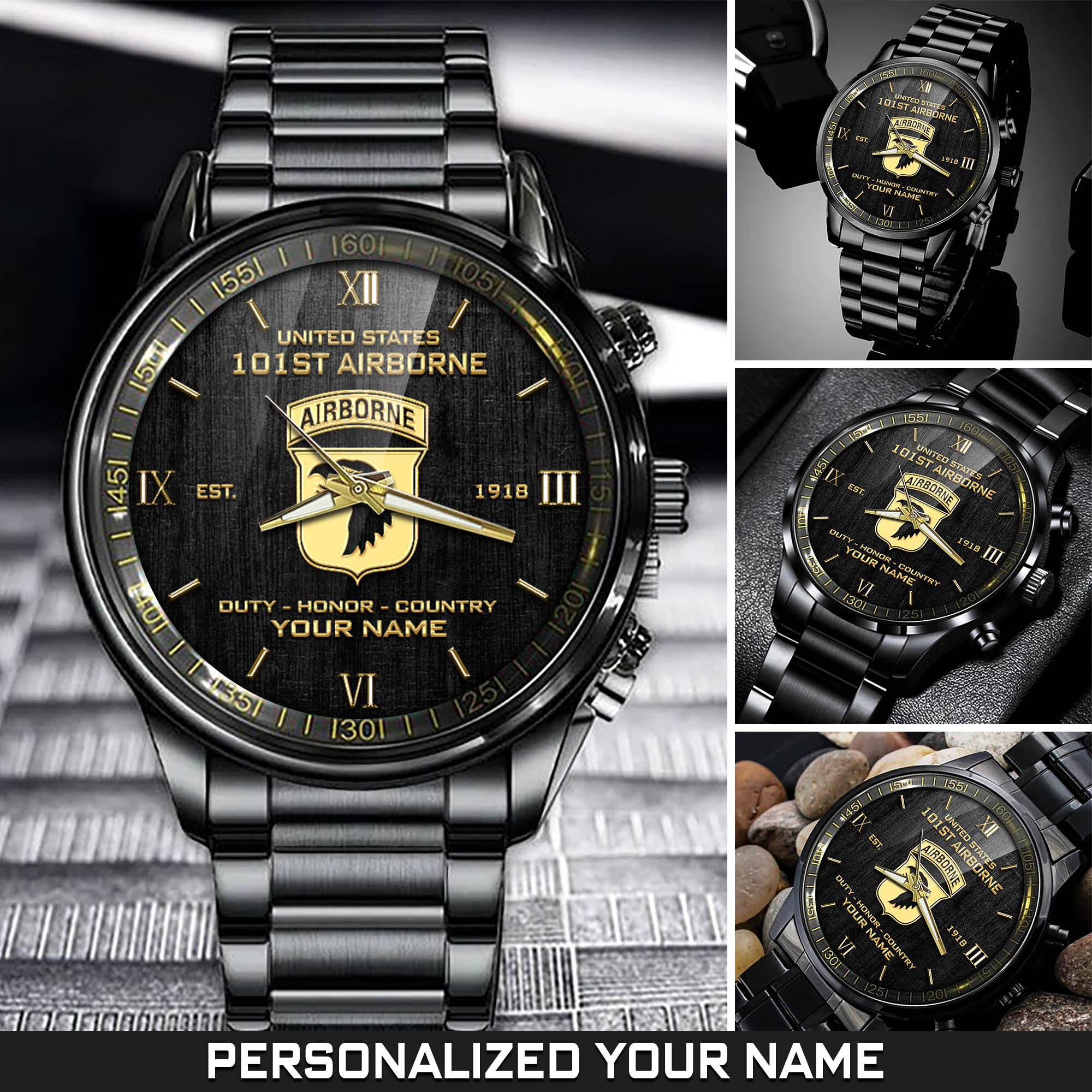 Personalized 101st Airborne Division Military Black Fashion Watch With Your Name, Military Watch , US Military Gifts ETHY-57645