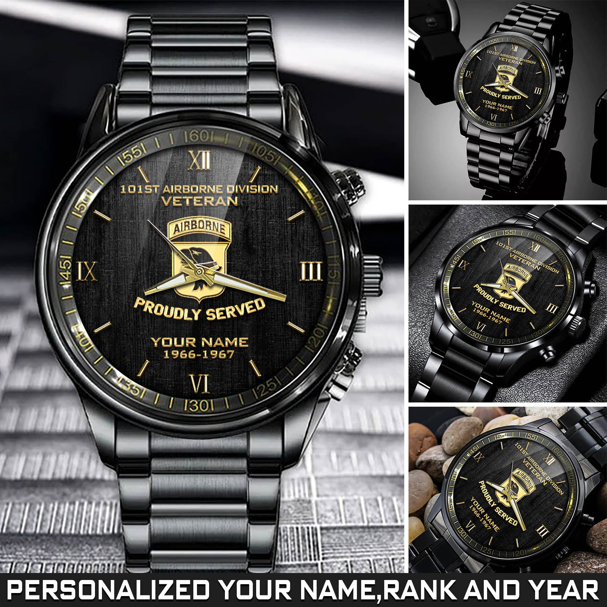 Personalized 101st Airborne Division Military Black Fashion Watch With Your Name, Year And Rank, Military Watch , US Military Gifts ETHY-57650