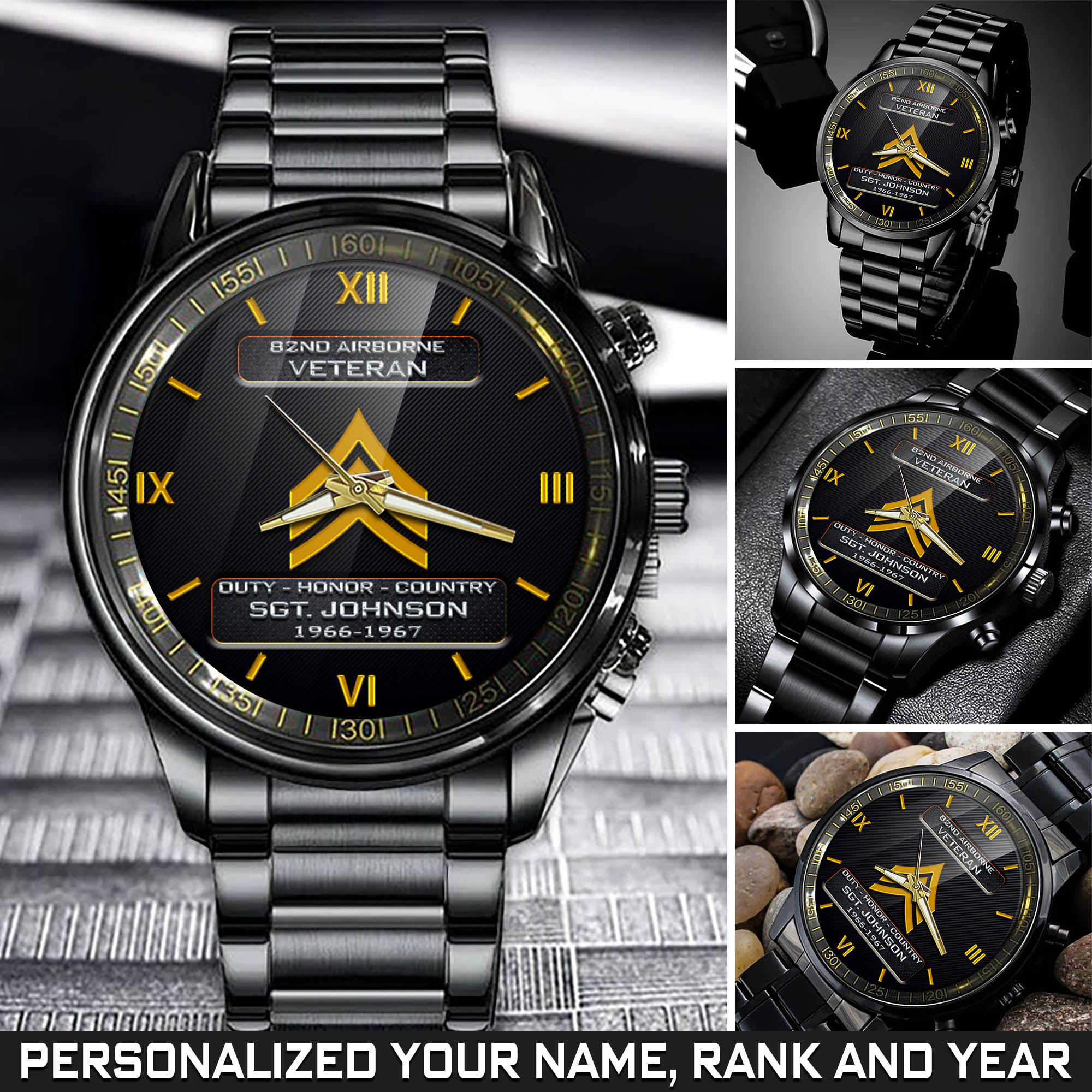 Personalized 82nd Airborne Veteran Black Fashion Watch With Your Name, Year And Rank, Military Watch For Veterans, Gift For Veterans ETHY-57684