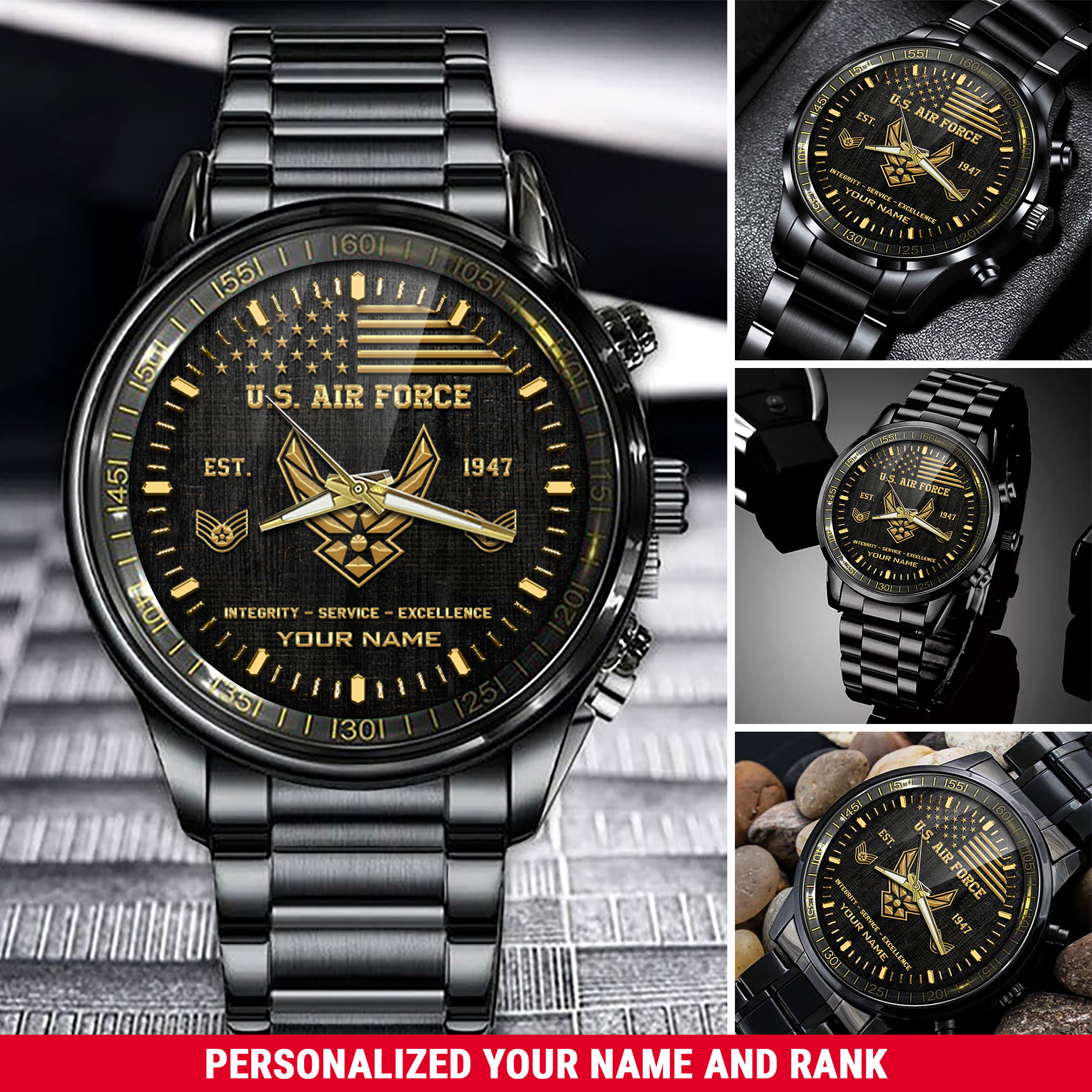 Personalized U.S. Air Force Black Fashion Watch With Your Name And Rank, Military Watch, Gifts For Military , Gifts For Him ETHY-57701
