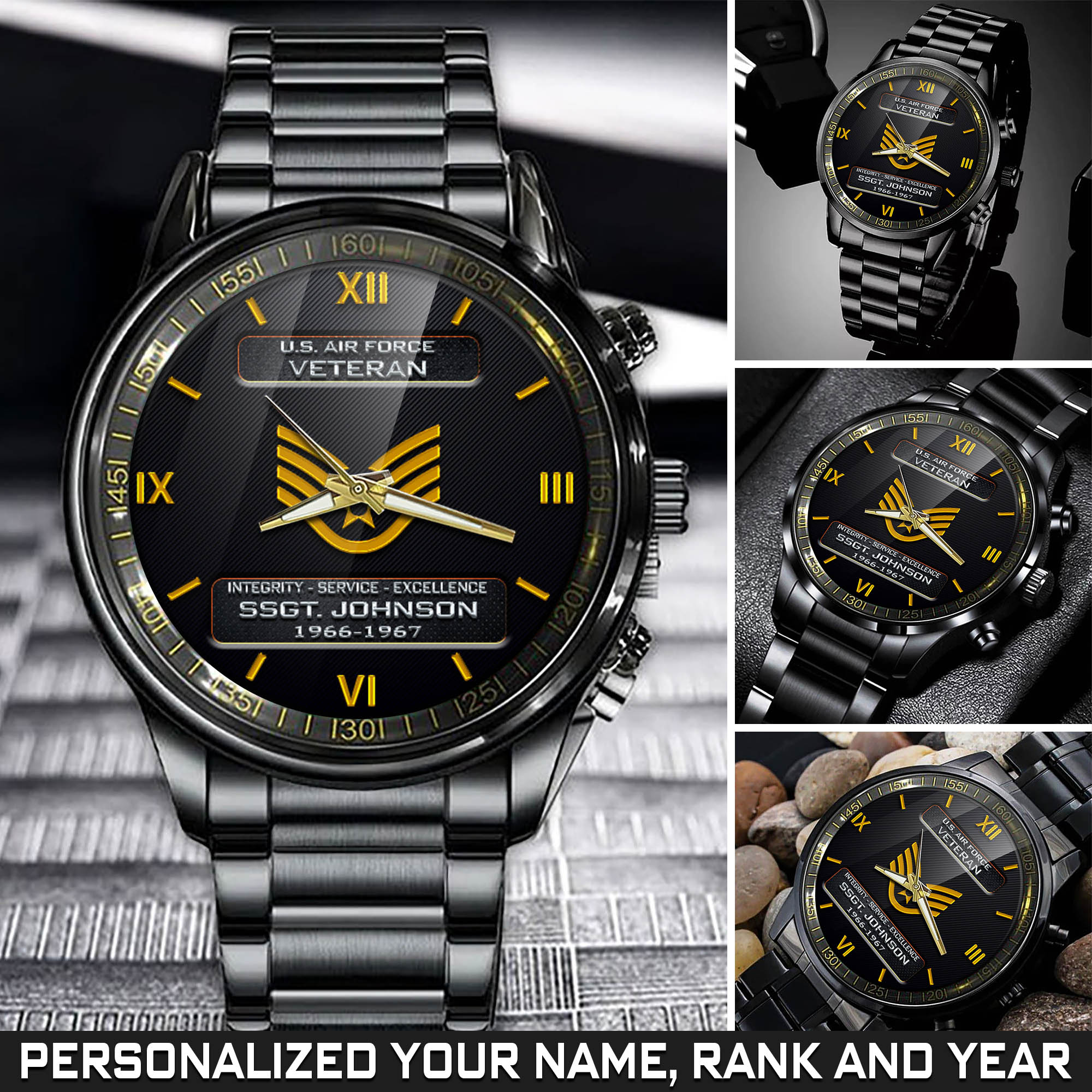 Personalized U.S. Air Force Veteran Black Fashion Watch With Your Name, Year And Rank, Military Watch For Veterans, Gift For Veterans ETHY-57684