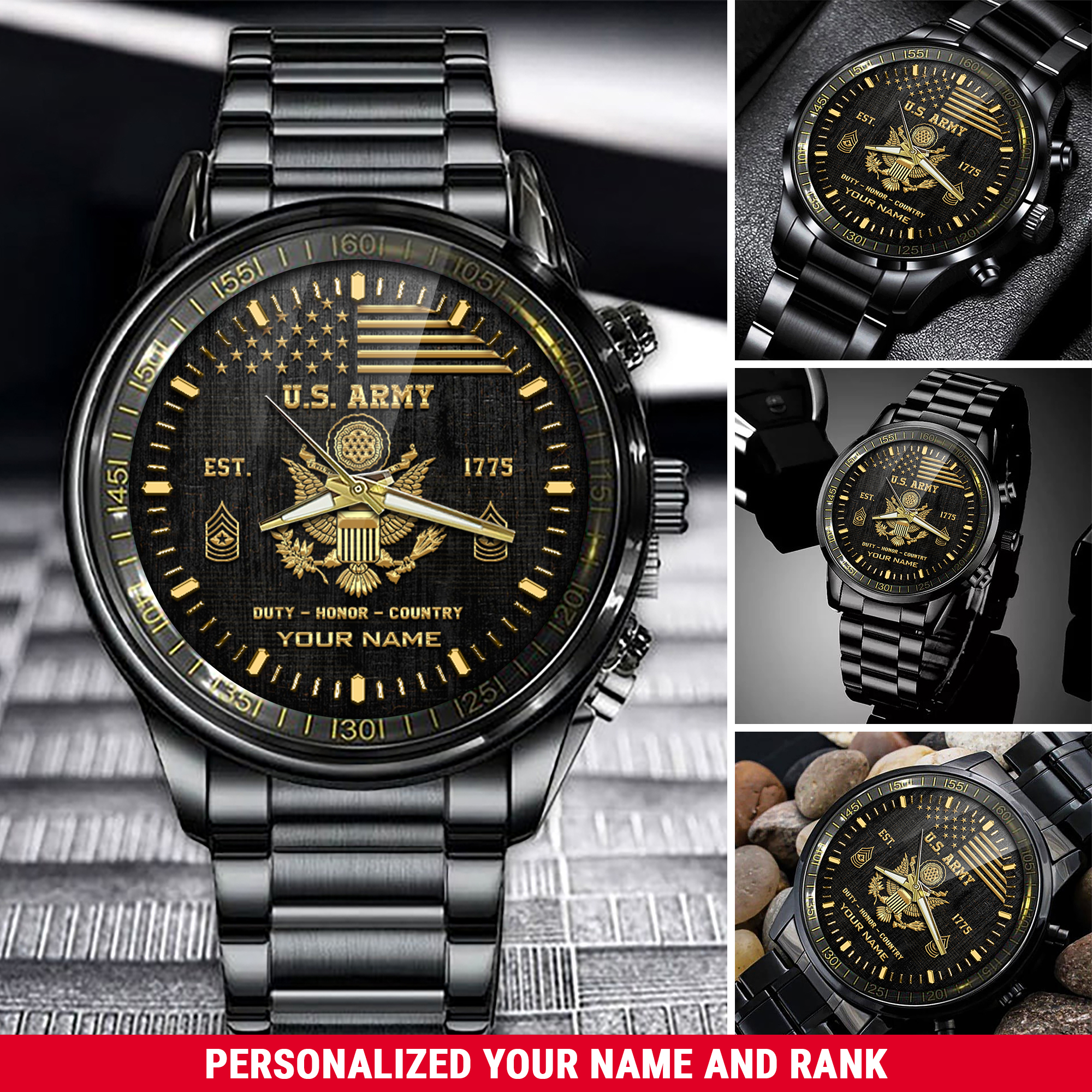 Personalized U.S. Army Black Fashion Watch With Your Name And Rank, Military Watch, Gifts For Military , Gifts For Him ETHY-57701