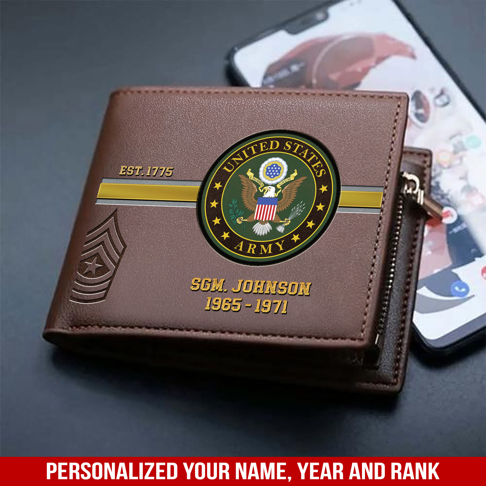 Personalized US Army Military Men Wallet With Your Name, Year And Rank, Military Men Wallet, Gifts For US Military, Gifts For Him ETHY-57437