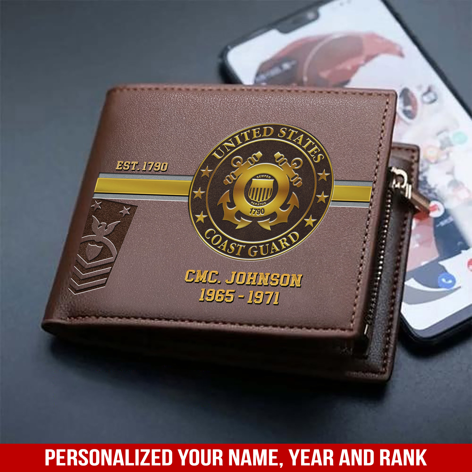 Personalized US Coast Guard Military Men Wallet With Your Name, Year And Rank, Military Men Wallet For Soldiers, US Military Gifts ETHY-57437