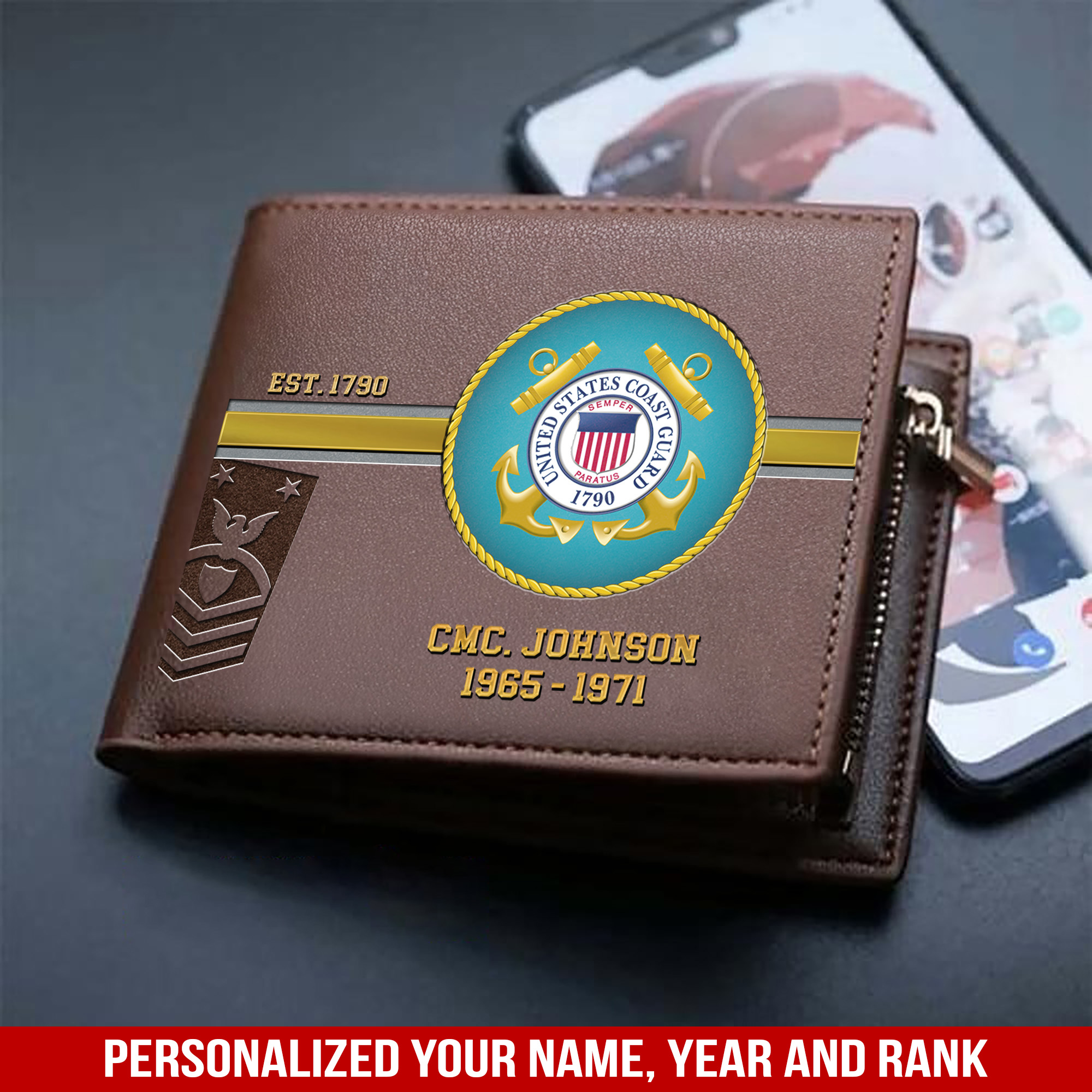 Personalized US Coast Guard Military Men Wallet With Your Name, Year And Rank, Military Men Wallet, Gifts For US Military, Gifts For Him ETHY-57437