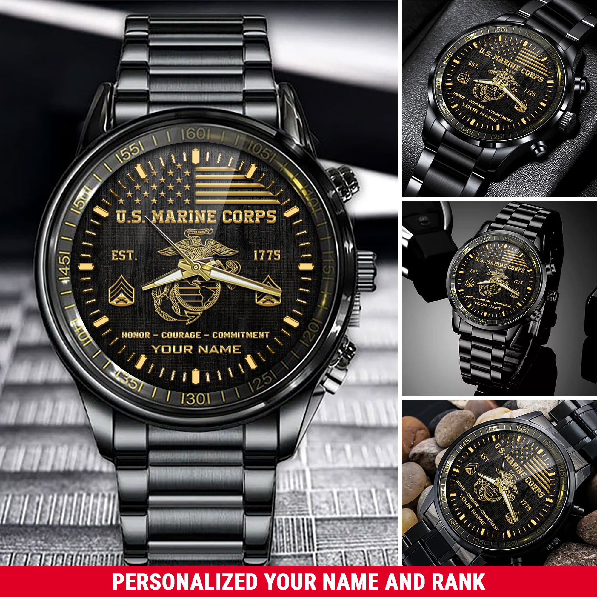 Personalized U.S. Marine Corps Black Fashion Watch With Your Name And Rank, Military Watch, Gifts For Military , Gifts For Him ETHY-57701