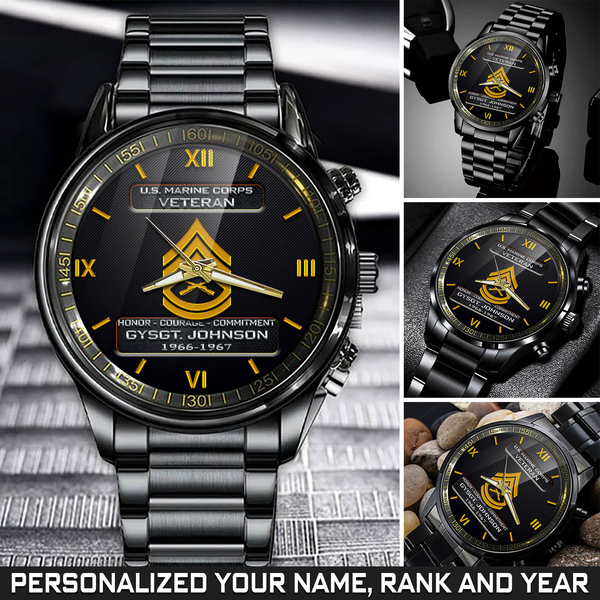 Personalized U.S. Marine Corps Veteran Black Fashion Watch With Your Name, Year And Rank, Military Watch For Veterans, Gift For Veterans ETHY-57684