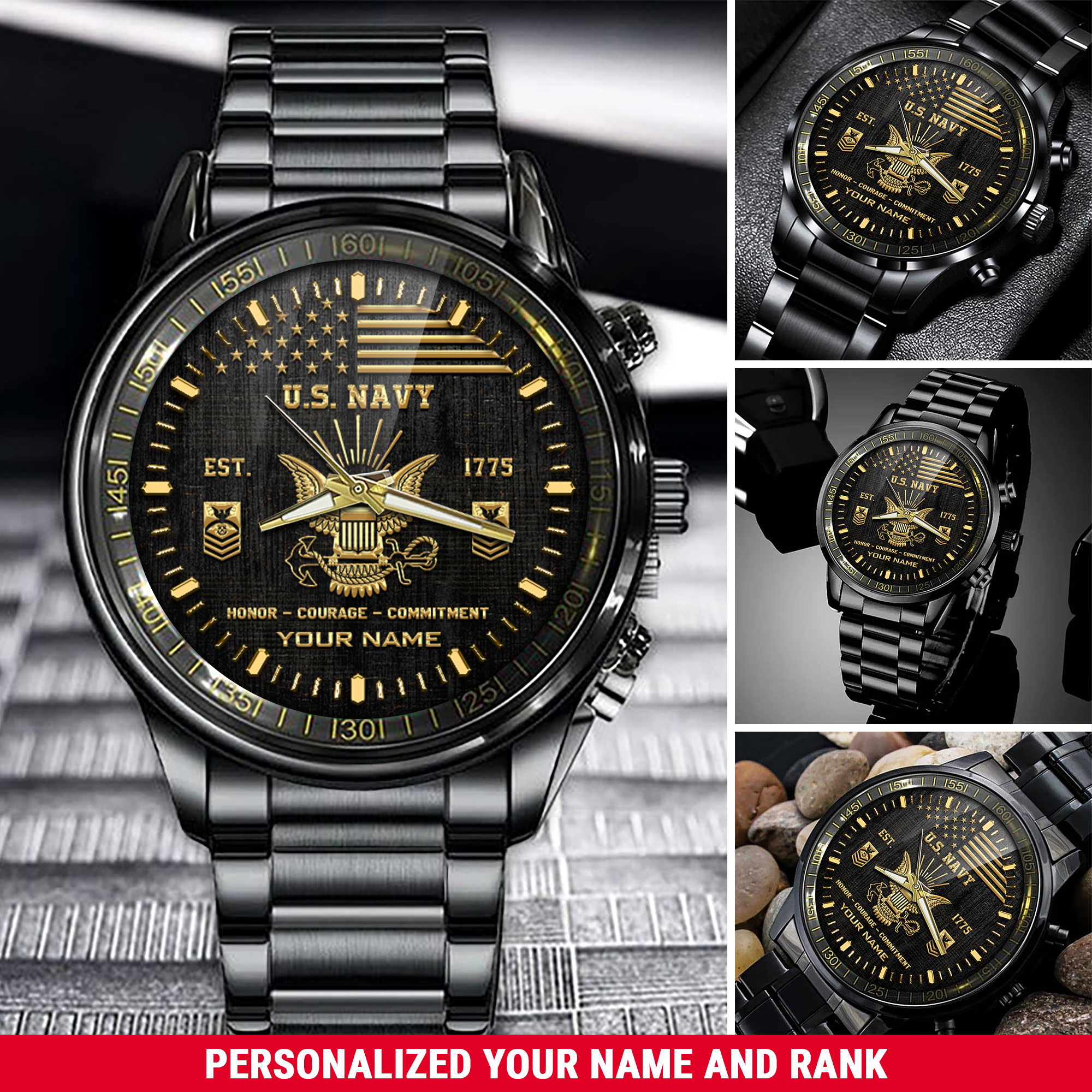 Personalized U.S. Navy Black Fashion Watch With Your Name And Rank, Military Watch, Gifts For Military , Gifts For Him ETHY-57701
