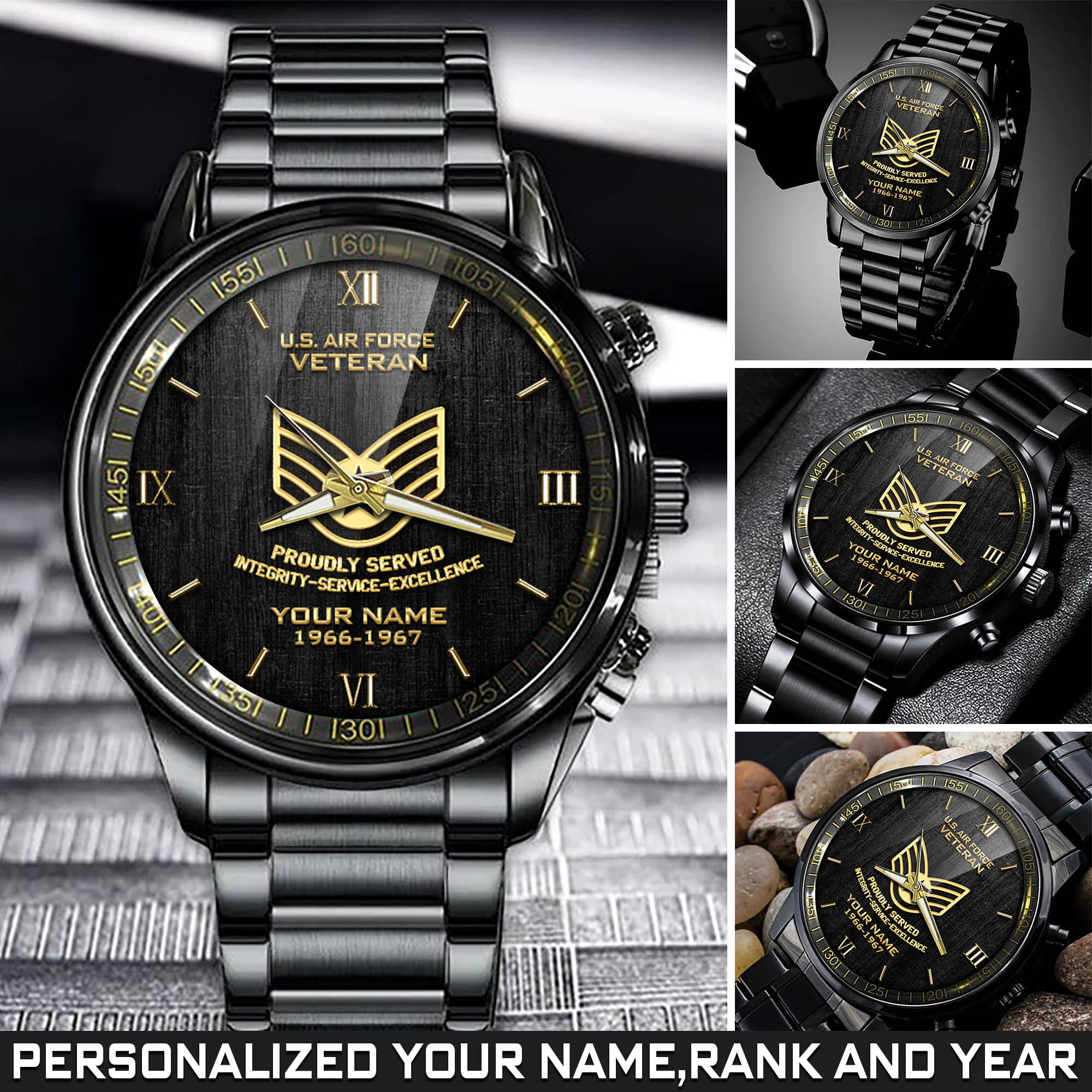 Personalized U.S. Air Force Military Black Fashion Watch With Your Name, Year And Rank, Military Watch , US Military Gifts ETHY-57650