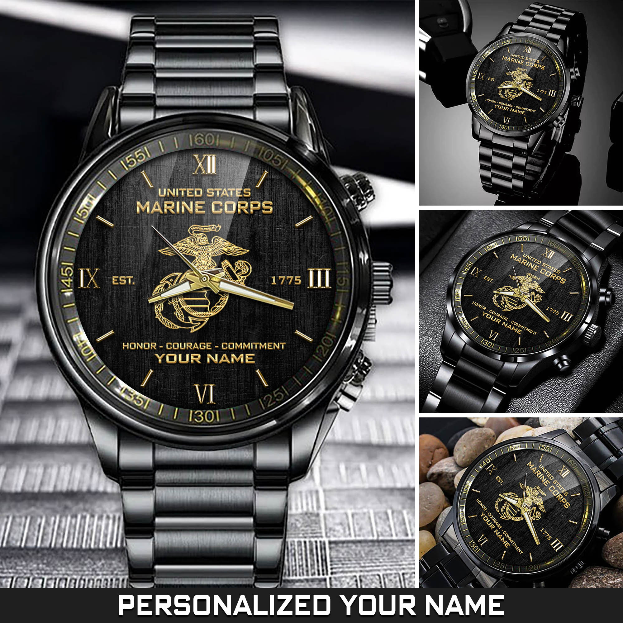 Personalized U.S. Marine Corps Military Black Fashion Watch With Your Name, Military Watch , US Military Gifts ETHY-57645