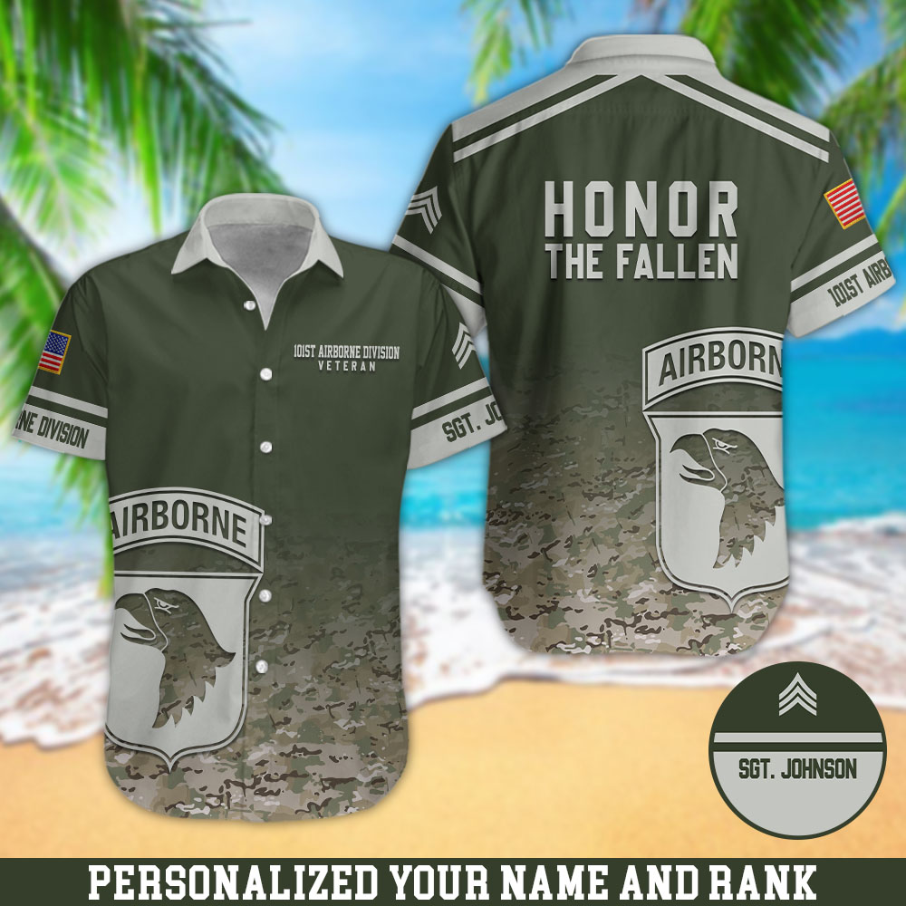 101st Airborne Division Camouflage Hawaii Shirt Personalized Your Name And Rank, Honor The Fallen Hawaii Shirts,Gifts For US Military Soldiers ETHY-57873