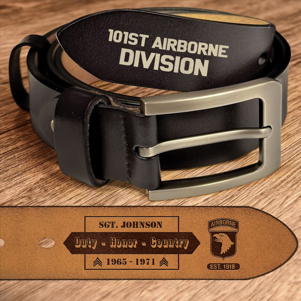 101st Airborne Division Engraved Leather Belt Personalized Your Name, Rank And Year, Leather Belt For US Military, US Military Gifts ETHY-57846