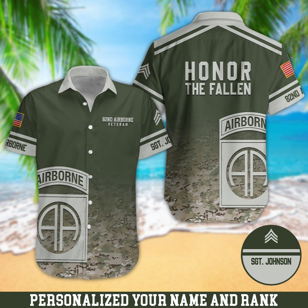 82nd Airborne Camouflage Hawaii Shirt Personalized Your Name And Rank, Honor The Fallen Hawaii Shirts,Gifts For US Military Soldiers ETHY-57873