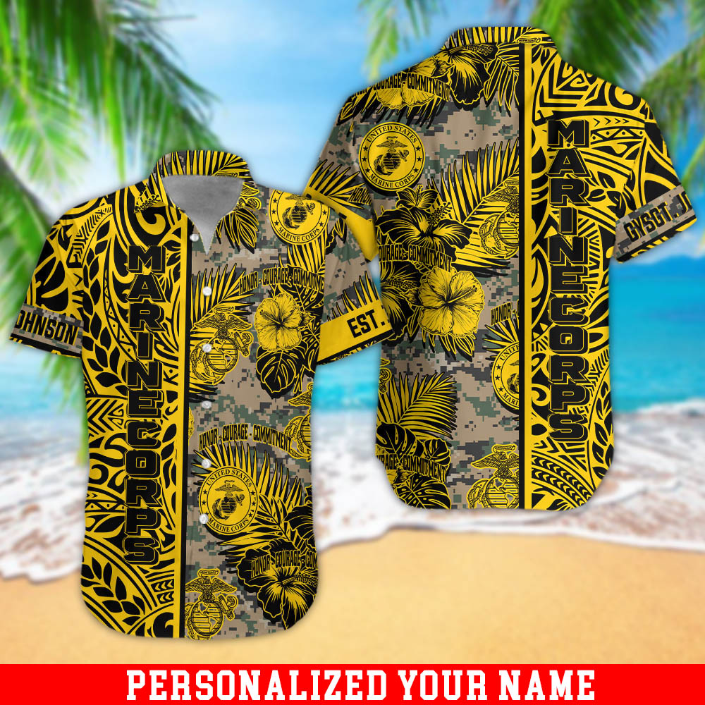 Personalized U.S. Marine Corps Military Hawaii Shirt With Your Name, US Mililtary Shirt For Soldiers, Summer Gifts ETHY-57797