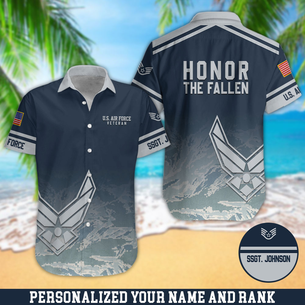 U.S. Air Force Camouflage Hawaii Shirt Personalized Your Name And Rank, Honor The Fallen Hawaii Shirts,Gifts For US Military Soldiers ETHY-57873