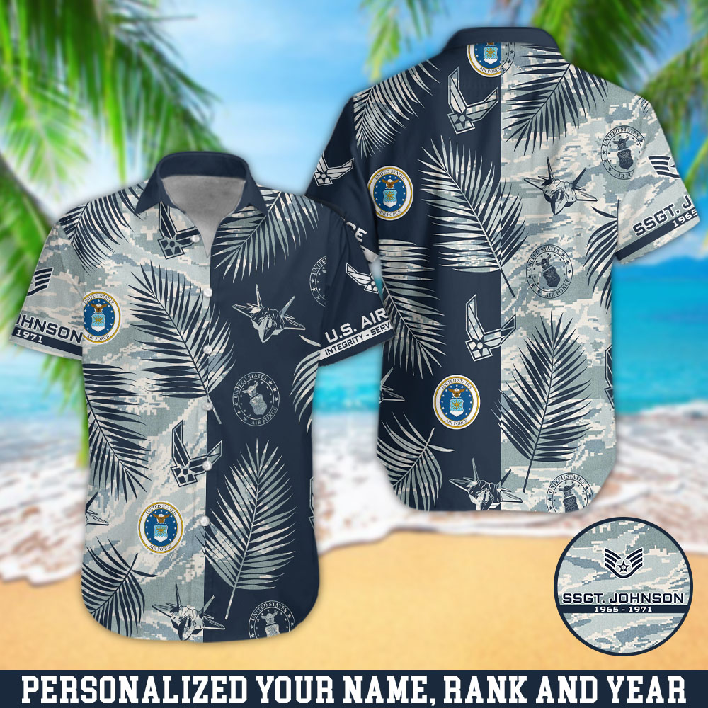 U.S. Air Force Hawaii Shirt Personalized Your Name, Rank And Year, Camouflage Shirts For US Military Soldiers, Summer Gifts, Gifts For Him ETHY-57872