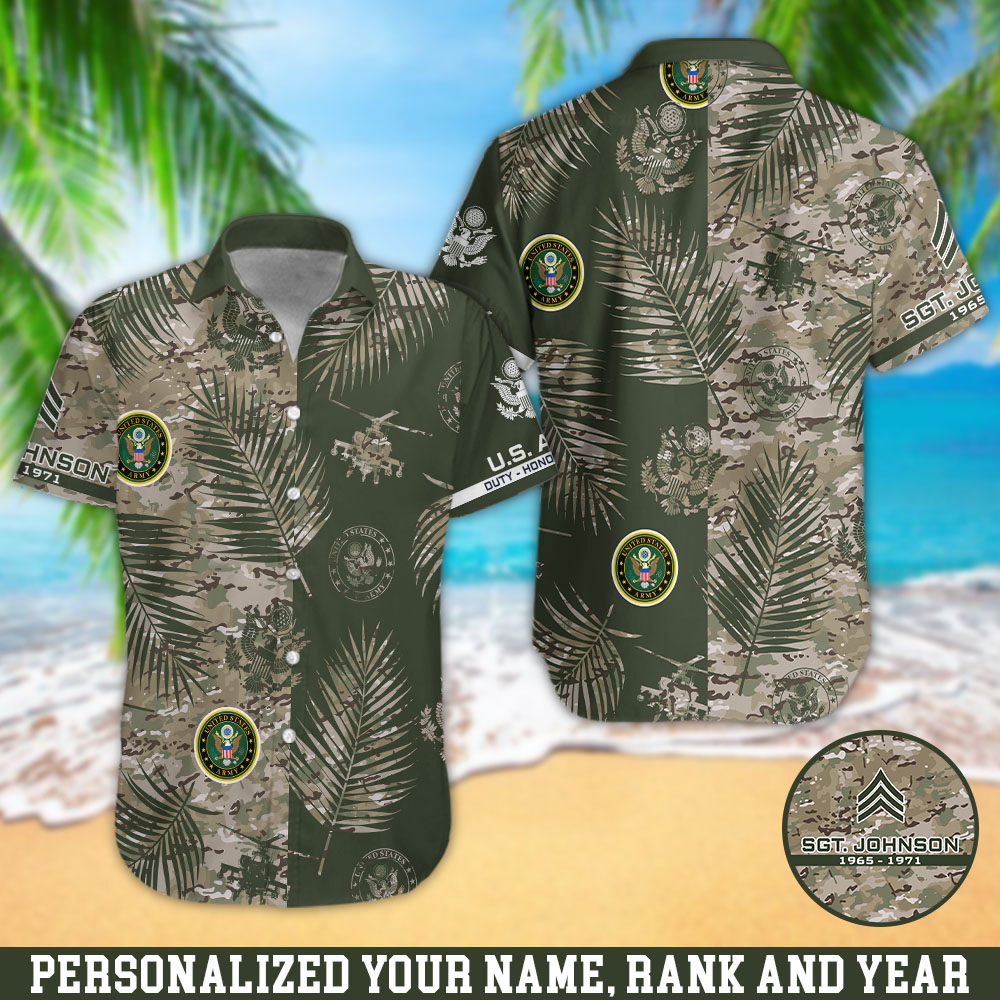 U.S. Army Hawaii Shirt Personalized Your Name, Rank And Year, Camouflage Shirts For US Military Soldiers, Summer Gifts, Gifts For Him ETHY-57872