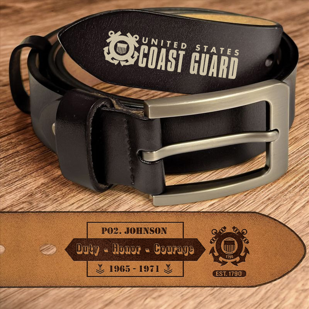 U.S. Coast Guard Engraved Leather Belt Personalized Your Name, Rank And Year, Leather Belt For US Military, US Military Gifts ETHY-57846