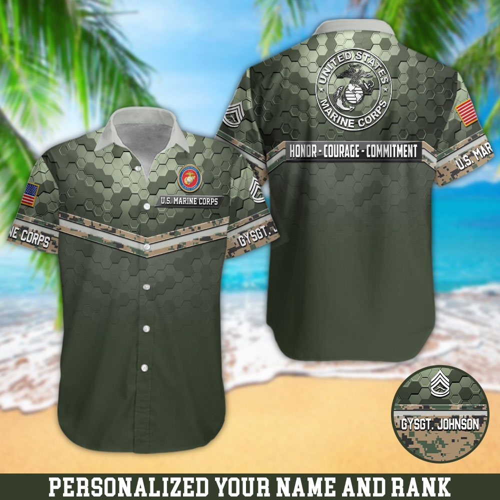 U.S. Marine Corps Camouflage Hawaii Shirt Personalized Your Name And Rank, US Military Shirts, Gifts For Military ETHY-57876