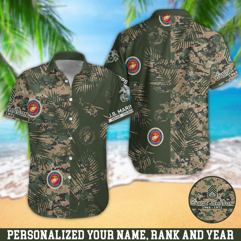 U.S. Marine Corps Hawaii Shirt Personalized Your Name, Rank And Year, Camouflage Shirts For US Military Soldiers, Summer Gifts, Gifts For Him ETHY-57872