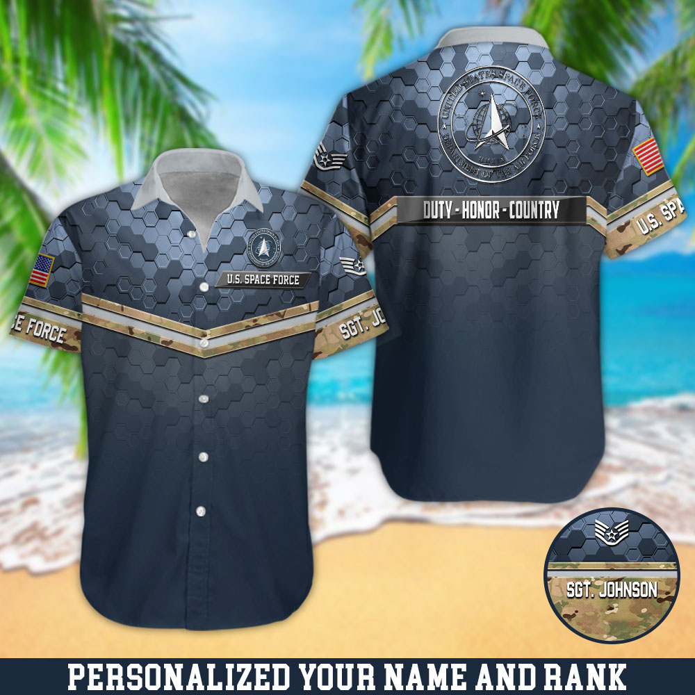 U.S. Space Force Camouflage Hawaii Shirt Personalized Your Name And Rank, US Military Shirts, Gifts For Military ETHY-57876